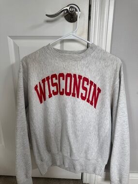 Wisconsin Grey Crewneck Sweatshirt with Red Arch Logo
